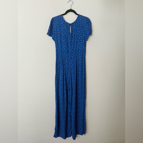 Free People Mia Floral Bright Blue Button Puff Sleeve Jumpsuit Pantsuit Romper - Picture 3 of 15